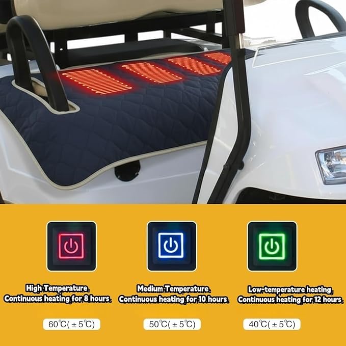 Golf cart Heated seat Cover, Non-Slip and Waterproof Winter Golf cart seat Cushion, Three Temperature Settings, Four-Zone Heating, External Power Supply/Power Bank Heating Options