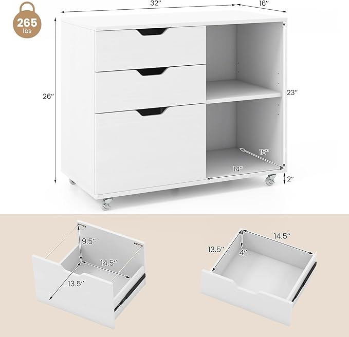 File Cabinet, Mobile Filing Cabinet w/Universal Wheels & 3 Drawers, Wood Printer Stand with Storage, Rolling File Cabinets for Home Office, Living Room, Bedroom (White, 3 Drawers)