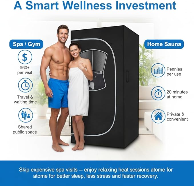 HomeCare Portable Home Sauna Box, Foldable Steam Room with 2.6L 1200W Steamer, 9 Temp & 90 Min Timer, Includes Folding Chair for Relaxation