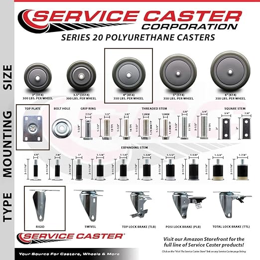 Service Caster Brand Replacement Caster for Uline Caster H-7448R - Stainless Steel Rigid Top Plate Caster with 4 Inch Gray Polyurethane Wheel - Fits Carts and Platform Trucks H-3352