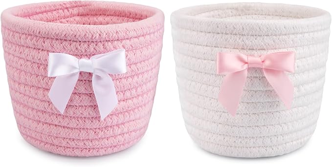 2 Pack Bow Makeup Brush Holder- Mini Woven Cotton Rope Small Oval Basket by Hkojewp