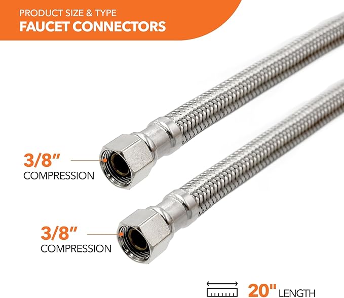 Stainless Steel Braided Water Connectors with Reinforced PVC Inner Hose for Faucets, 3/8" Compression x 3/8" Compression, 20" Length (5Pack)