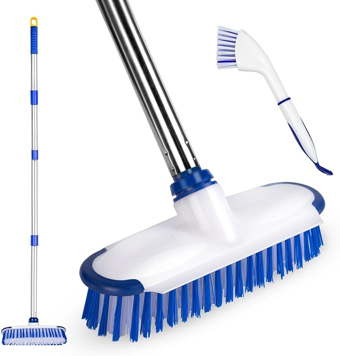 Floor Scrub Brush with Long Handle, 2 in 1 Deck Scrub Brush, Stiff Bristle by ITTAHO