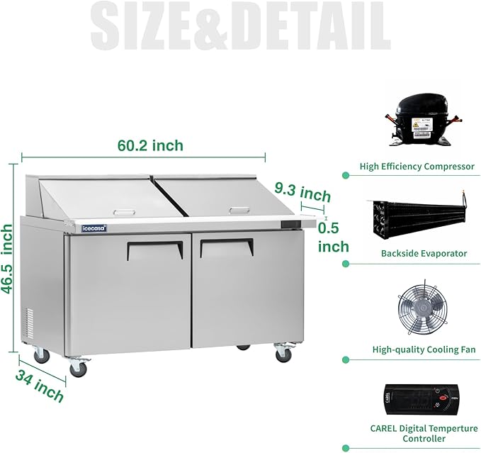 ICECASA 60" W Commercial Refrigerator Sandwich&Salad Prep Table Mega Top 2 Door Stainless Steel Counter Fan Cooling Refrigerator with 24 pans-60 Inches for Restaurant, Bar, Shop, etc