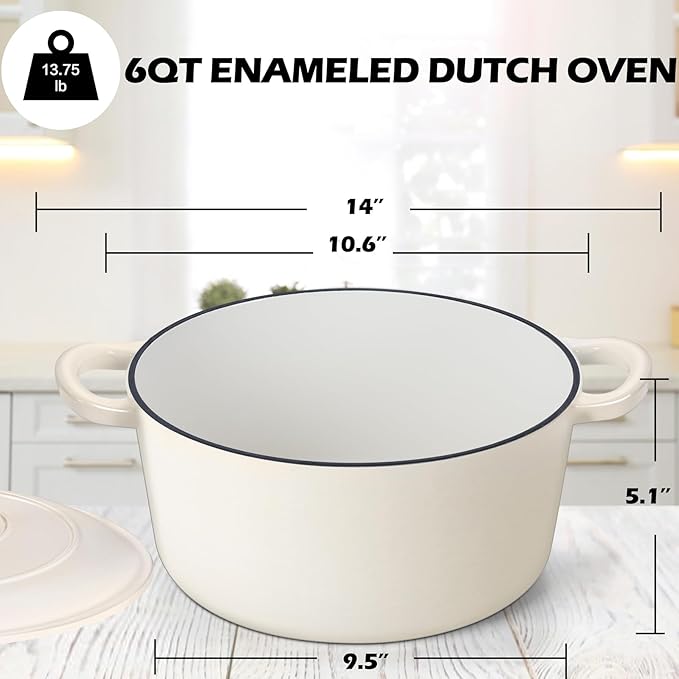 TeamFar 6Qt Dutch Oven, Enameled Cast Iron Dutch Oven Pot with Lid & Dual Handles for Bread Baking, Cooking, Simmer, Non Toxic & Heavy Duty, Oven Safe & Various Stovetops Suitable - Cream White
