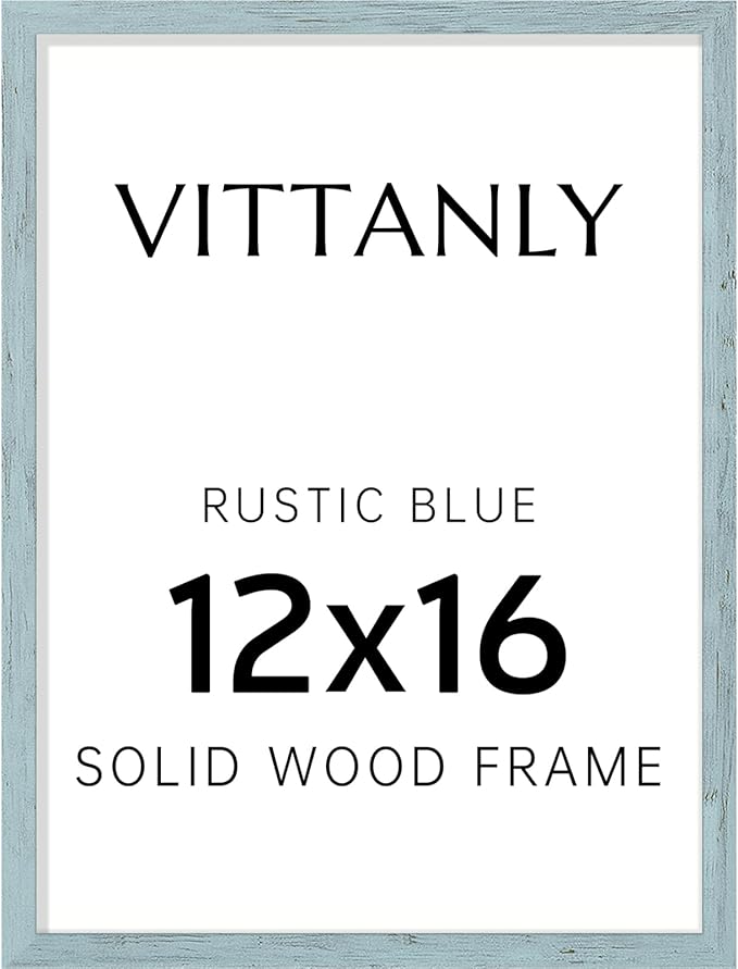 Vittanly 12x16 Picture Frame, Solid Wood Frame with Plexiglass, Includes 8.5x11 Mat, Wall Hanging for Photos, Home Decor, Rustic Blue, 1 Pack