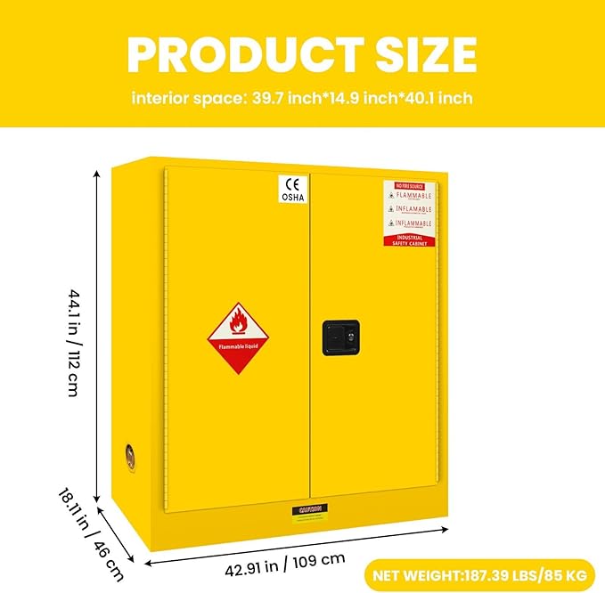 Flammable Safety Cabinet 43" x 18" x 44" Yellow, Cold-Rolled Steel Industrial Explosion Proof Cabinet, Adjustable Shelf & 2 Vent Design for Commercial Garages, Lab & Industrial Facilities