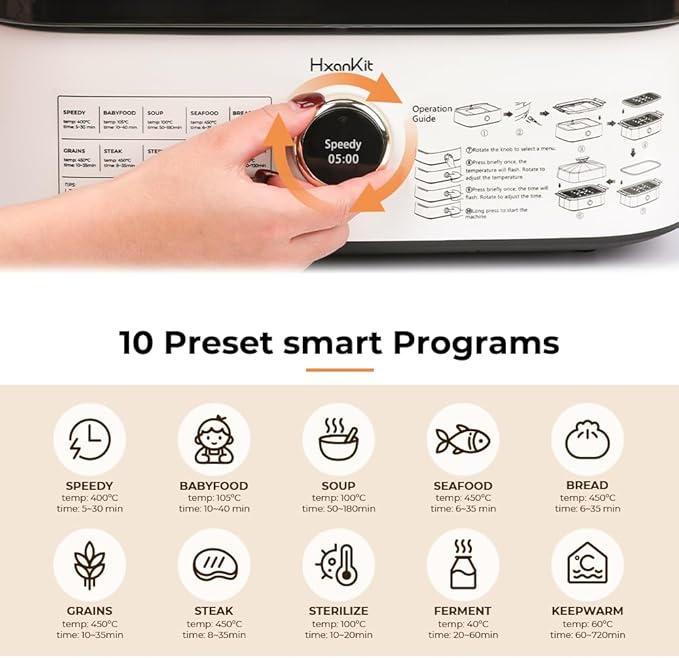 Electric Food Steamer with Boron Glass Lid, 450°C high-temperature steam, fast cooking for Vegetables, seafood, stew, disinfection, built-in program,One-Touch Control,8 Quart,1800W,White