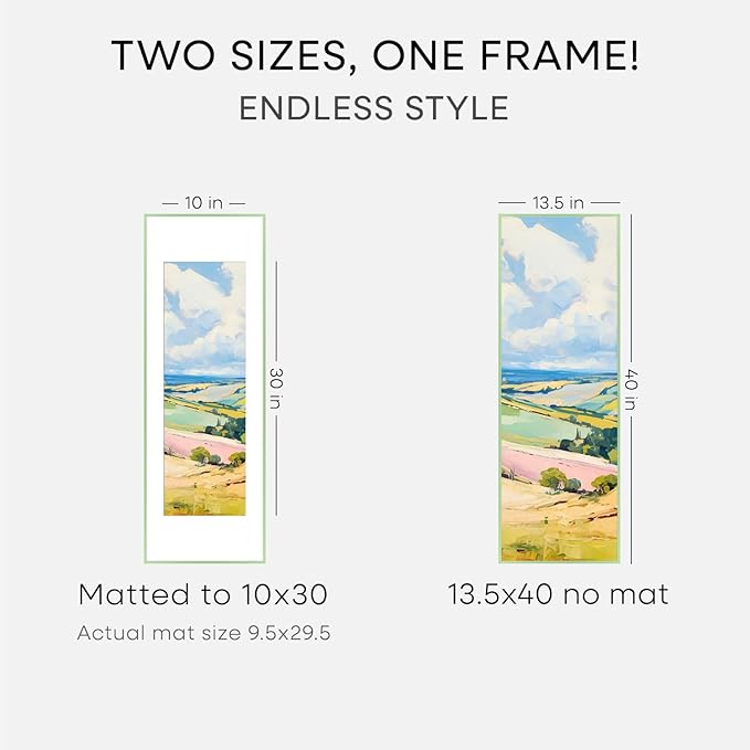 Homeforia 13.5x40 Picture Frame Sage Green, High End Metal 13.5x40 Panoramic Poster Frame with Mat 10x30 Photo, 13.5 x 40 Frame Matted to 10 x 30 Art, 40x13.5 Frame, Tempered Glass, Wall Kit, Set of 2