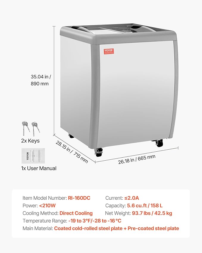 VEVOR Commercial Ice Cream Display Case, 5.6 Cu.ft Chest Freezer, Restaurant Gelato Dipping Cabinet Top Deep Freezer with Locking Casters, Sliding Glass Door, LED Lighting, Hold 4 Ice Cream Tubs