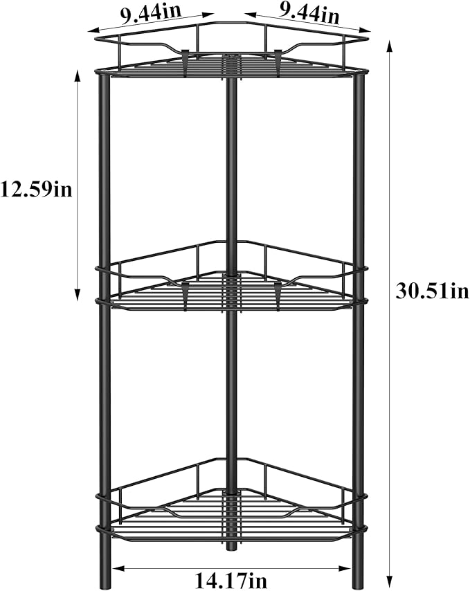 HuggieGems Metal Floor Standing Corner Shower Caddy, Matt Black, 3 Tier - Image 7