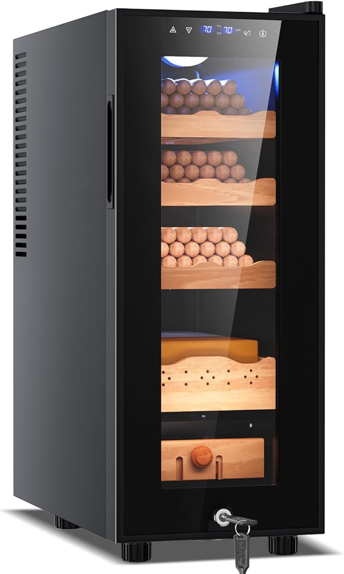 Tylza Cigar Humidor Cabinet 35L, Temp & Humidity Control Electric Humidors for Cigars, 260 Cigars, Digital Hygrometer, Safety Lock, Cigar Humidors with Cedar Wood Drawer Shelves, Cigar Gifts for Men