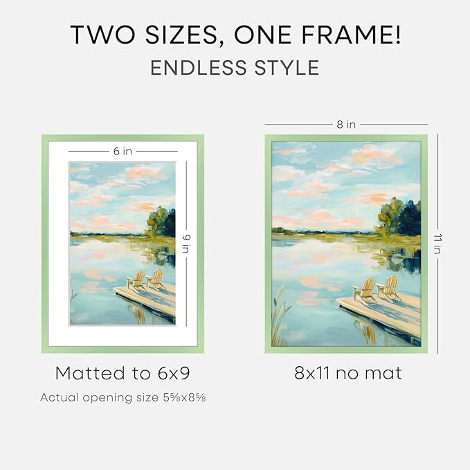 Homeforia 8x11 Picture Frame Sage Green, High End Metal 8 x 11 Poster Frames with Mat 6 by 9 Photo, 11x8 Frame Matted to 6x9 inch Art, 8by11 Wall or Tabletop Frames, Tempered Glass, Wall Kit, Set of 1