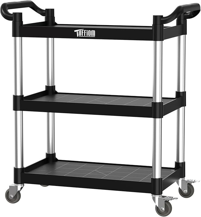 TUFFIOM 3-Tier Plastic Service Utility Cart with Wheels, Heavy Duty 390lbs Capacity, Commercial Rolling Ideal for Restaurant, Foodservice, Office, Warehouse, Black 34.8''L x 17.4''W x 38.6''H