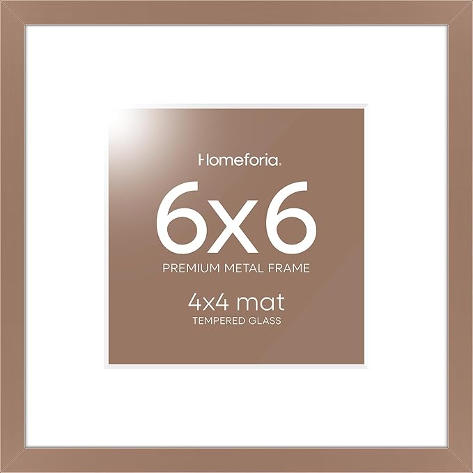 Homeforia 6x6 Picture Frame Mocha, High End Metal 6 x 6 Square Photo Frames with Mat 4 by 4, 6x6 Poster Frame Matted to 4x4 inches Print, 6by6 Wall or Tabletop Frame, Tempered Glass, Wall Kit, Set of 1