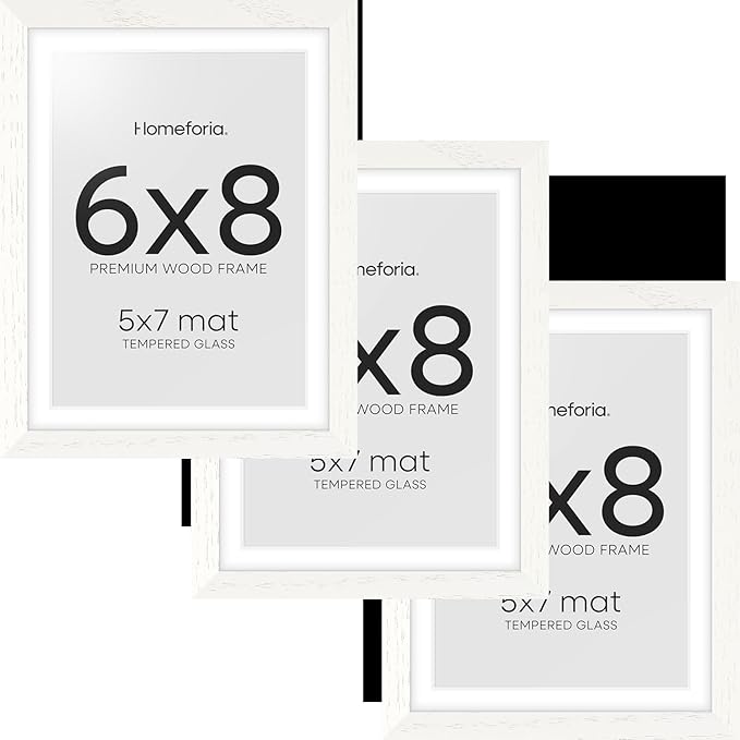 Homeforia 6x8 Picture Frame White, High End Oak 8x6 Wooden Frames with Mat 7x5 Print, 6 x 8 White Wood Frame Matted to 5 x 7 inch Photo, 6by8 Wall or Tabletop Frame, Tempered Glass, Wall Kit, Set of 3
