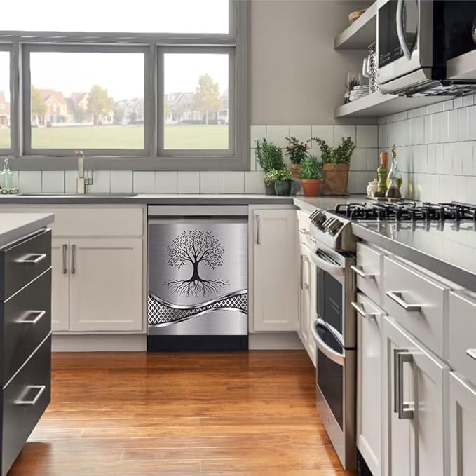 Imitation Stainless Steel Design Tree Painting Magnetic Dishwasher Cover Sticker,Kitchen Decor Magnet Cabinet Fridge Panel Decal Sticker 23W x 26H inchs