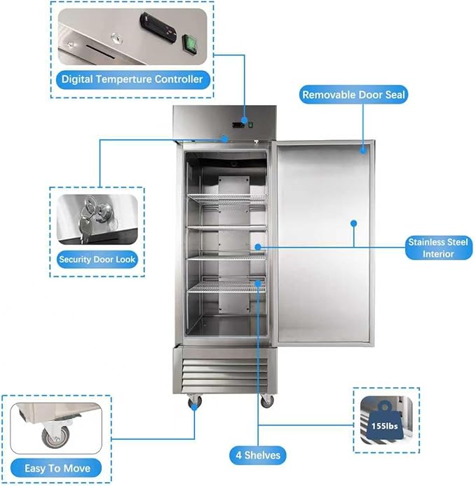 JINSONG 27" Commercial Refrigerator, 23 Cu.Ft Reach-in Stainless Steel Fridge with Single Solid Door for Restaurant, Bar, Shop, or Home Use
