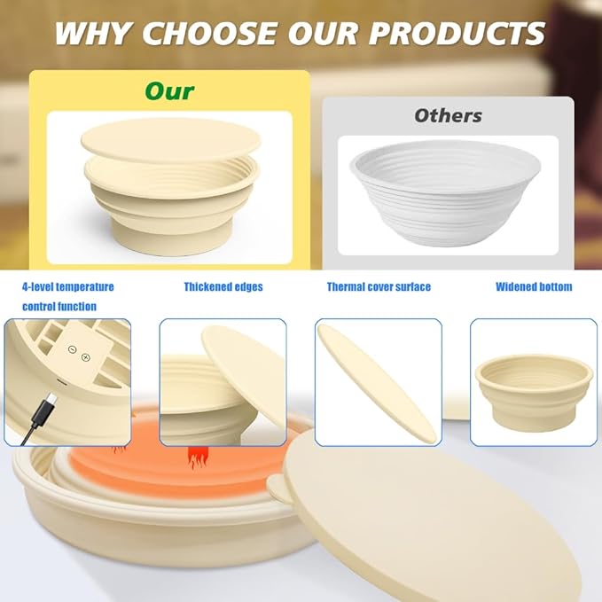 Electric Sourdough Proofing Basket, 9.45 Inch Foldable Silicone Dough Proofer with Adjustable Warming for Bannetons Bread Baking - Food Grade, Fast Rising Even in Cold Kitchen