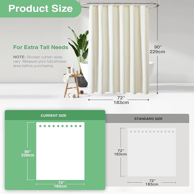 Dynamene Extra Long Waffle Shower Curtain 256 GSM Fabric 72x90 Cream/Ivory - Image 3