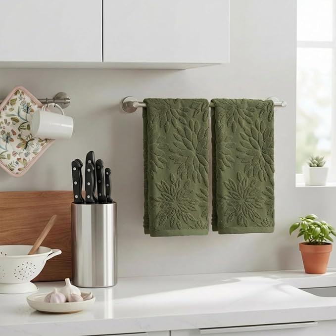 Artoid Mode 2 Pcs Olive Green 3D Dahlia Floral Jacquard Hand Towels - Image 3