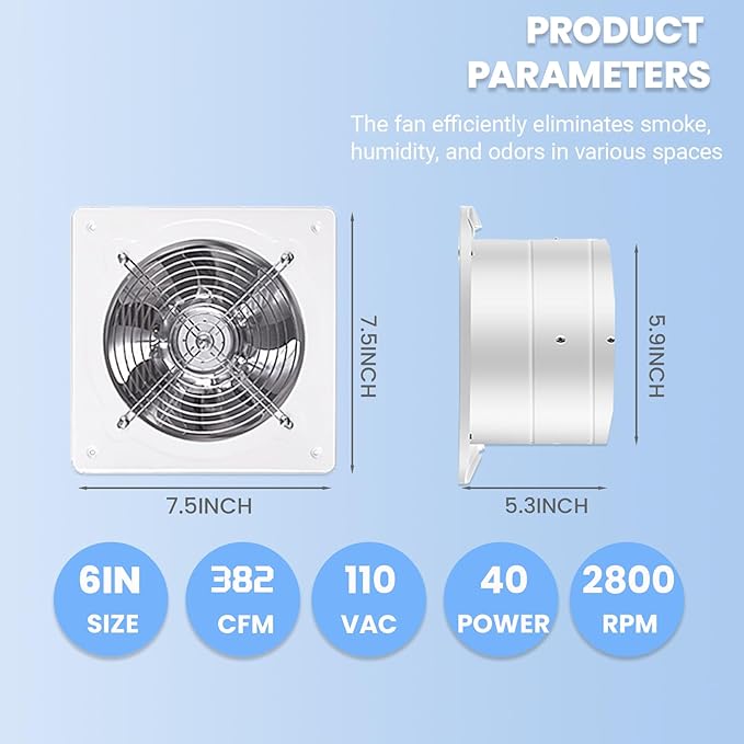 6 inch Exhaust Fan, 382CFM Wall Mounted Vent Fans, Ventilation Fan Bathroom Garage Attic Exhaust Fan Ceiling and Wall Mount Fan for Kitchen/Bathroom, 110V 40W