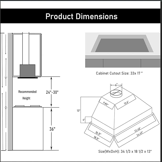 MCBON Range Hood Insert 36 Inch, 900 CFM Insert Range Hood, Touch Control Range Hood Insert, Remote & Gesture Sensing Vent Hood Insert, 4-Speed Hood Range Insert, Stainless Steel Range Hood, AE88-36