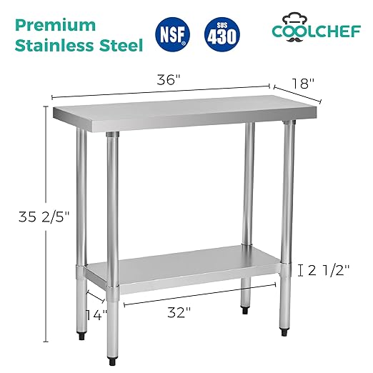 COOLCHEF Stainless Steel Work Table 18 x 36 Inch, NSF Commercial Prep Table with Undershelf, Heavy Duty Food Prep Workstation