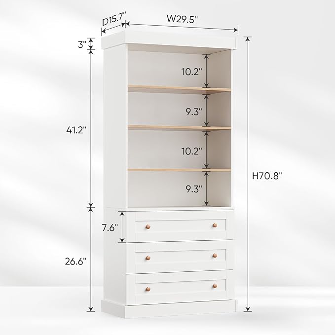 Vyre 71" Tall Farmhouse Kitchen Pantry, Set of 3 Large Storage Cabinets with 3 Drawers, Adjustable Shelves, Wood Versatile Hutch Cabinet for Living Room, Dining Room