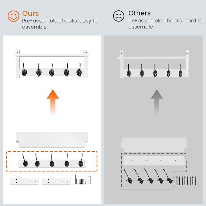 Wall Shelf with Hooks, Coat Rack Wall Mount with Pegs, Hanging Entryway Coat - Image 6