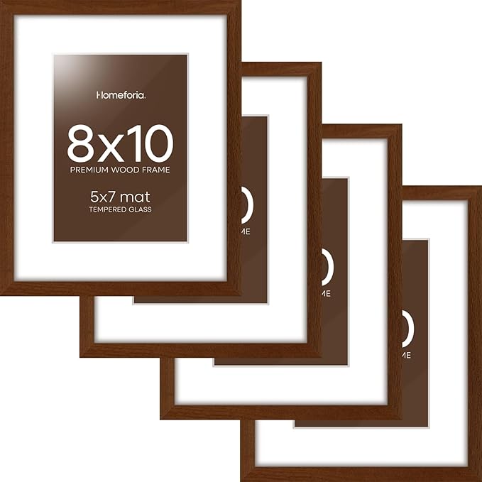 Homeforia 8x10 Picture Frame Brown, High End Dark Oak 8 x 10 Walnut Wooden Frames with Mat 5 by 7 Photo, 8x10 Wood Frame Matted to 5x7 Print, Wall or Tabletop Frame, Tempered Glass, Wall Kit, Set of 4