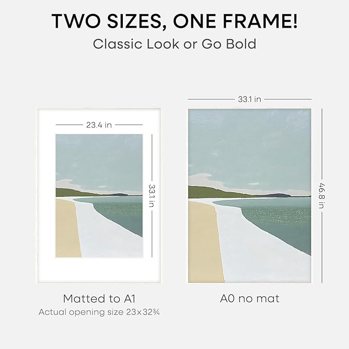Homeforia A0 Frame White Wood, High End Oak 33.1 x 46.8 White Wooden Poster Frames Matted to 23.4 by 33.1 inches Photo, A0 Size Large Wood Picture Frame with Mat A1, Tempered Glass, Wall Kit, Set of 1
