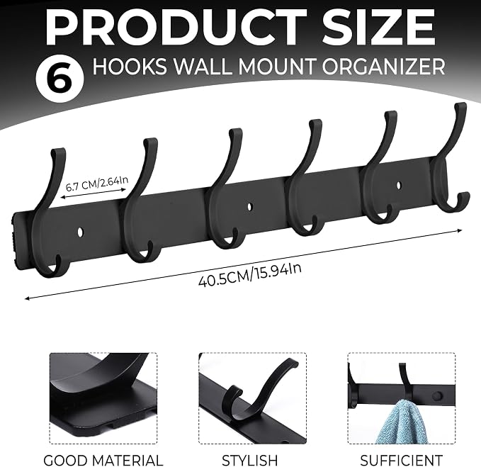 Wall Mount Coat Rack 2 Pack, Smooth Hook Edges, Screw Installation, Double - Image 2