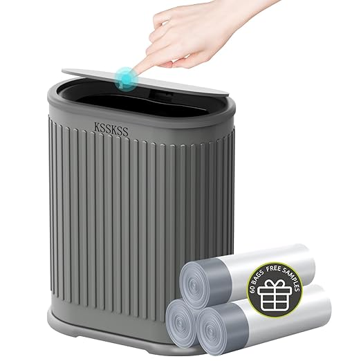 1.8 Gallons Small Stainless Steel Trash Can with Press Type Lid, Slim Bathroom Garbage Bin, Removable Liner Bucket, Dog Proof Narrow Wastebasket with Pop-Up Lid for Bedroom,Toilet (Gray)