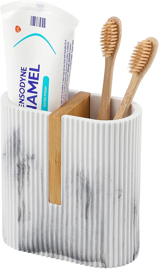 Toothbrush Holders for Bathroom, Bamboo Toothbrush Stand, Marble White | by rejomiik