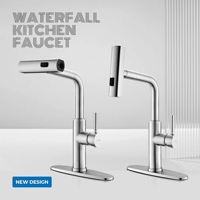WEWE Waterfall Kitchen Faucet, Pull-Down Sprayer, Brushed Nickel | Spray - Image 2