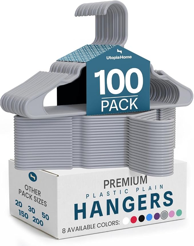 Utopia Home Plastic Hangers 100 Pack – Space Saving Clothes Hanger Grey | by UTOPIAHOME