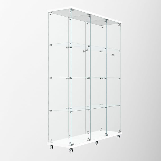 Glass Display Cabinet with LED Light Strip, 12 Shelves 3 Column 2 Doors, Large Curio Storage Cabinets with Lock & Caster for Living Room, Office, Floor Standing Glass Bookshelf - White