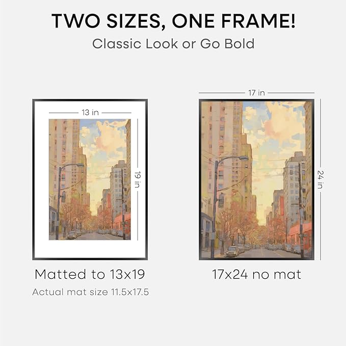 Homeforia 17x24 Picture Frame Black, High End Metal 17x24 Poster Frames with Mat 13x19 for Photo, 17 x 24 Black Frame Matted to 13 x 19 inch Print, 24x17 Thin Frame, Tempered Glass, Wall Kit, Set of 2