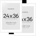 Homeforia White Picture Frame 24x36, High End Oak 24 x 36 Wood Poster Frame with Mat 20 by 30 for Photo, 24x36 Large Wooden Frame Matted to 20x30, 36x24 Thin Frames, Tempered Glass, Wall Kit, Set of 2