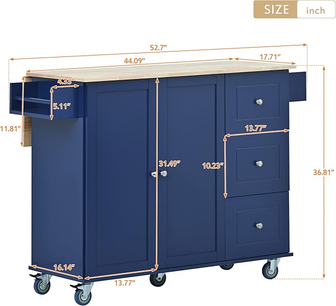 Favfurish 52.7" Rolling Mobile Kitchen Island Cart with Drop Leaf Wood Top, Adjustable Shelves Coffee Bar Trolley on Lockable Casters & Storage Cabinet & 3 Drawers for Dining Room, Dark Blue