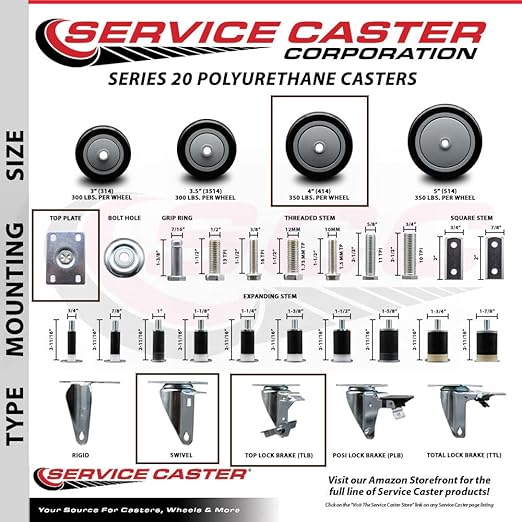 Service Caster Brand Replacement Caster for Uline Caster H-7448SWB-Stainless Steel Swivel Top Plate Caster with 4 Inch Black Polyurethane Wheel and Top Lock Brake-Fits Carts and Platform Trucks H-3352