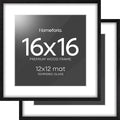 Homeforia 16x16 Black Wood Frame, High End Oak 16 x 16 Square Picture Frames with Mat 12 by 12 inches Photo, 16by16 Black Wooden Poster Frames Matted to 12x12 Print, Tempered Glass, Wall Kit, Set of 2