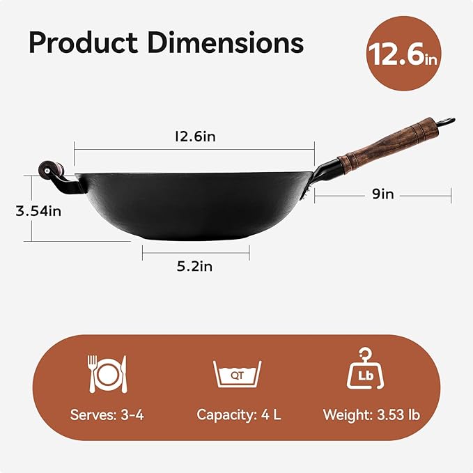 WANGYUANJI Cast Iron Wok Pan with Lid (12.6 Inch) - Handcrafted Flat Bottom Chinese Stir Fry Skillet for Induction, Electric & Gas - Walnut Wood Handle, No Coating