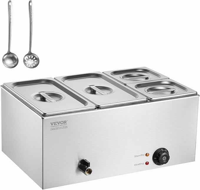 VEVOR 4-Pan Commercial Food Warmer, 24QT Electric Steam Table, 1200W Professional Countertop Stainless Steel Buffet Bain Marie with 86-185°F Temp Control for Catering and Restaurants, Silver