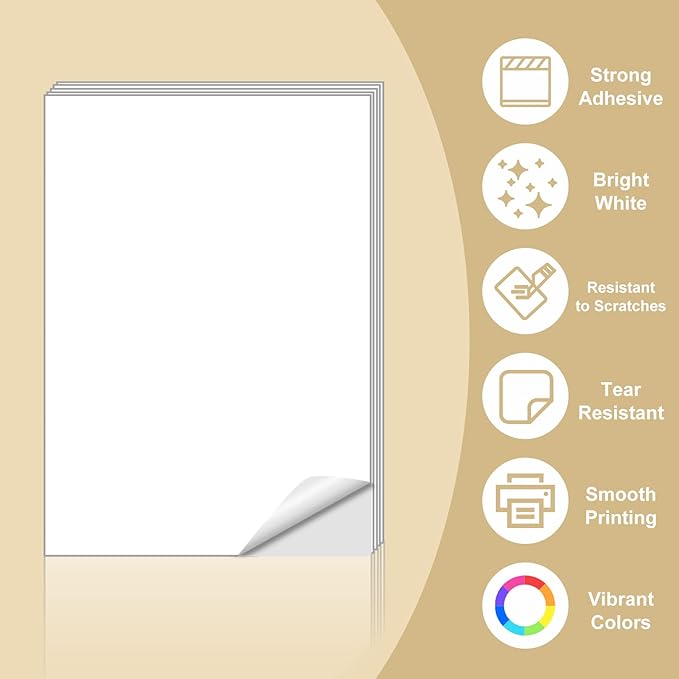 Sticker Paper, BESTEASY 8.5" x 11" Full Sheet Label Stickers for Laser Inkjet Printer, Self Adhesive Printer Paper Shipping Labels, White Matte Mailing Label Stickers (100 Sheets,100 Labels)