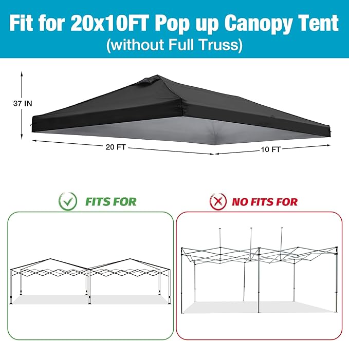 10x20 Canopy Replacement Top Cover with Air Vents for ez up Pop up Canopy Gazebo Tent, with Adjustable Strap, Waterproof & Anti-UV for Outdoor Shade (Frame Not Included) (Black)