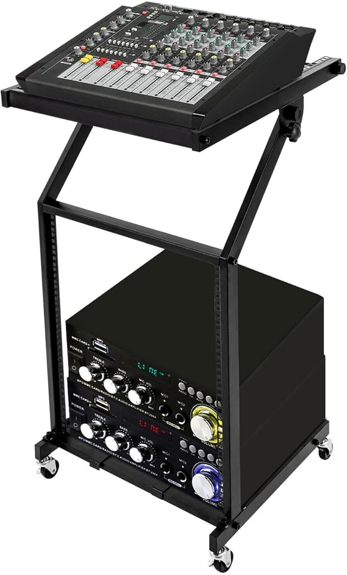 DJ Mixer Stand Adjustable Rack, 2 Layer Rack Mount Mixer Case Stand with 4 Universal Wheels Supporting Crossbars and Adjustable Angle Studio Adjustable Stage Cart for Home, Office Concert Venues Etc