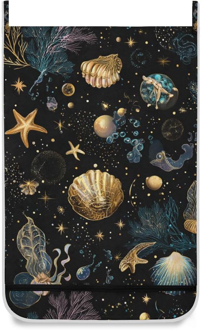 Shell Starfish Black Hanging Laundry Hamper Door Hampers Bag Basket - Image 2