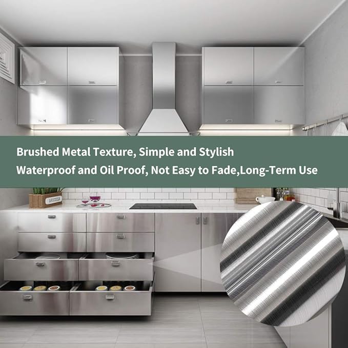 Hopepak 17.3''x197'' Stainless Steel Contact Paper Peel and Stick Waterproof Silver Metallic Wallpaper Self Adhesive Removable Vinyl Roll for Kitchen Cabinet Refrigerator Dishwasher Countertop